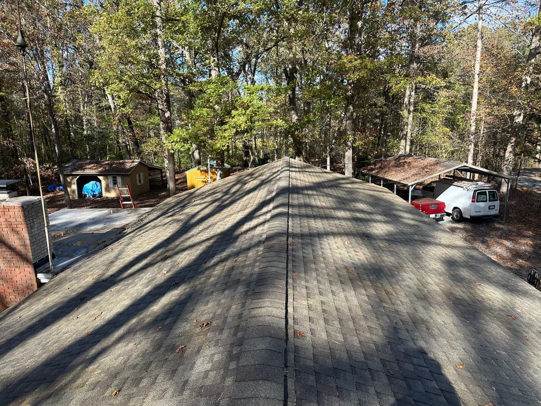 View of a sloped roof with trees and outbuildings in the background on a sunny day.