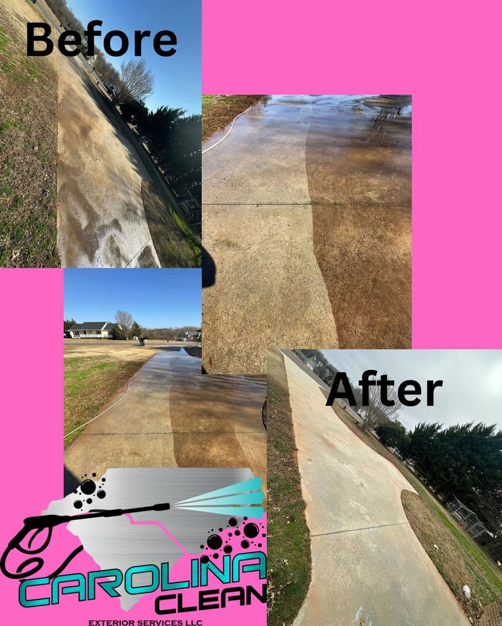 Before and after images of a cleaned driveway by Carolina Clean Exterior Services.